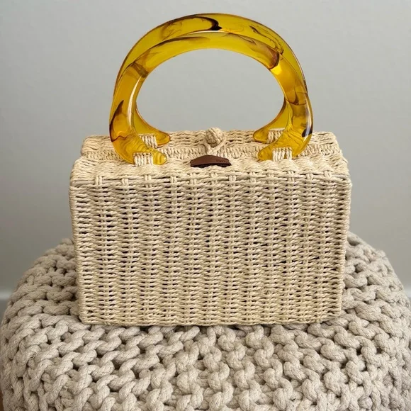 Stylish Tan Woven Bag with Yellow Handles - Picture 1 of 4